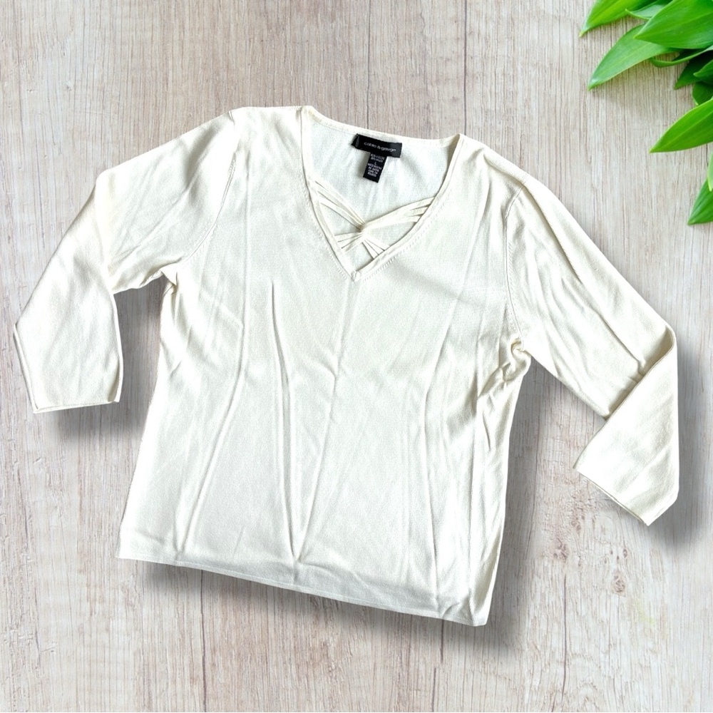 Cable & Gauge White Crisscross V-Neck 3/4 Sleeve Top Size Large